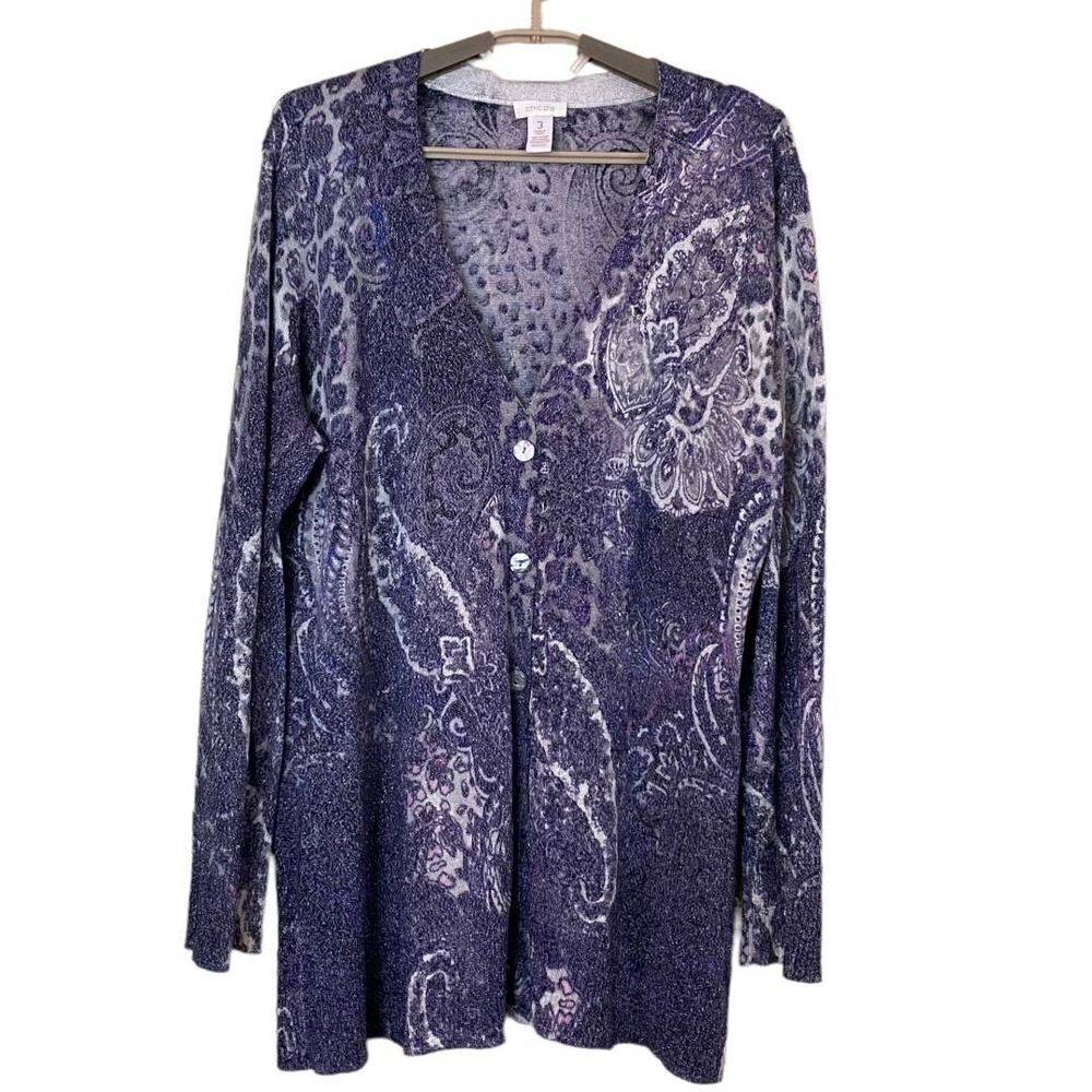 Chico's Purple Paisley Peyton Knit Cardigan Sweater Size XL